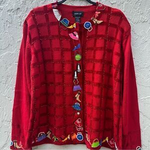MORGAN COLE‎ Cardigan Sweater Women Size Large Vintage Beaded Artsy Red Sequin